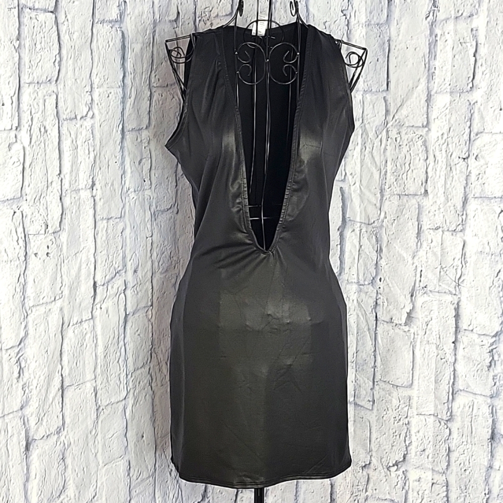 Roma Faux Leather Plunging Neckline Black Dress Small,